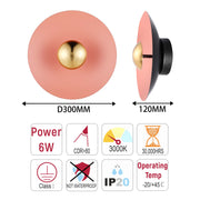 Aplique LED moderno circular con detalle dorado, blanco/rosa/azul, 6W, 3000K
