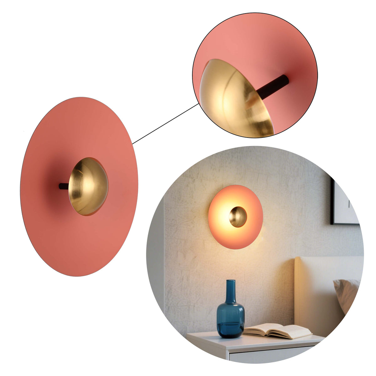Aplique LED moderno circular con detalle dorado, blanco/rosa/azul, 6W, 3000K