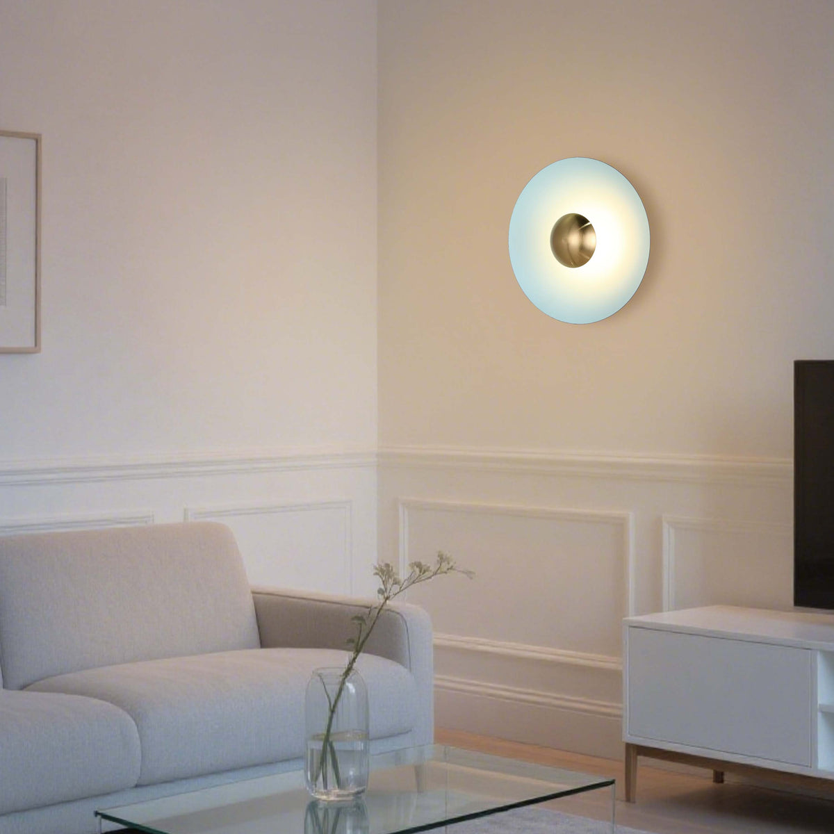 Aplique LED moderno circular con detalle dorado, blanco/rosa/azul, 6W, 3000K