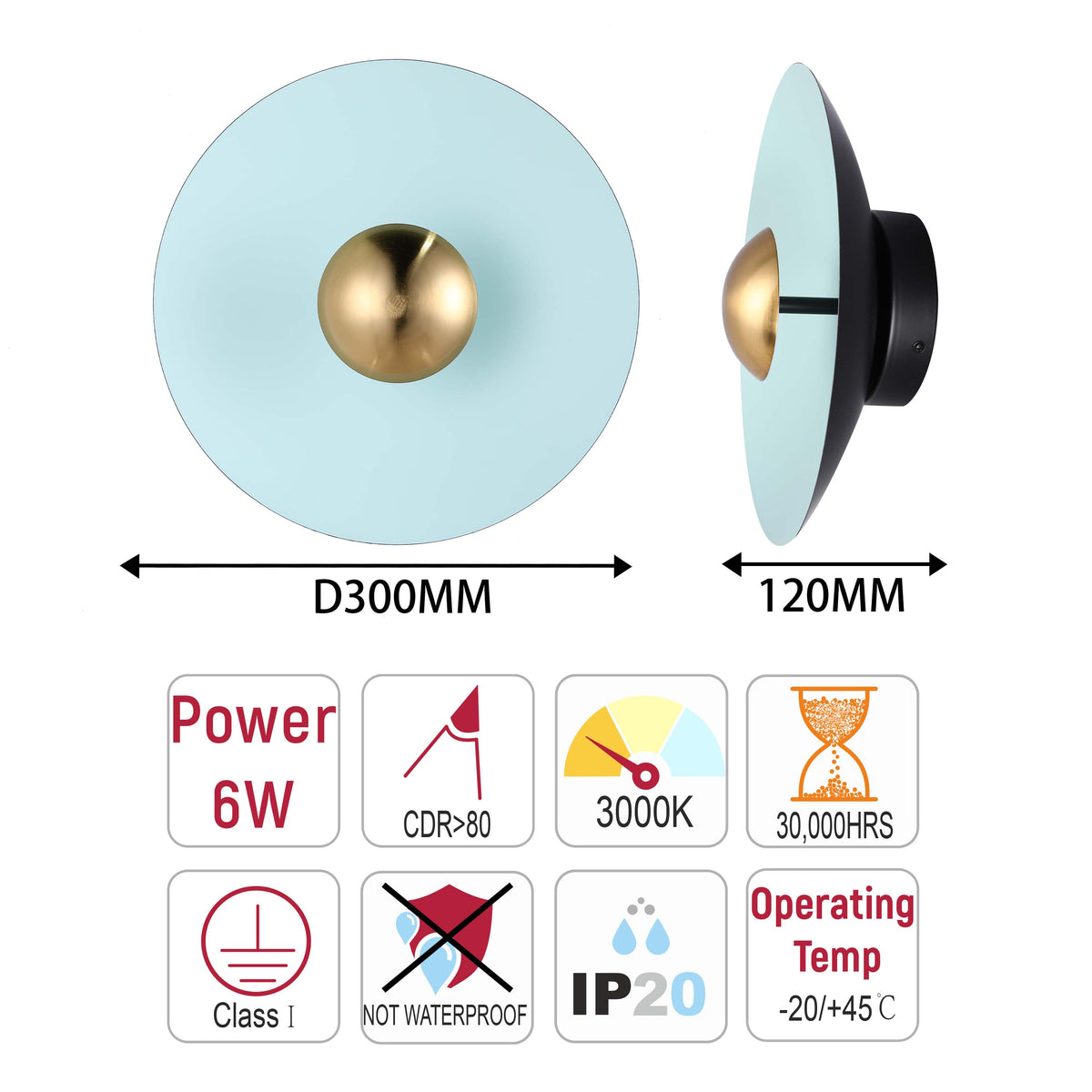 Aplique LED moderno circular con detalle dorado, blanco/rosa/azul, 6W, 3000K