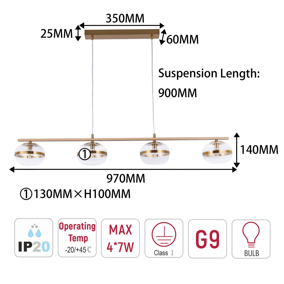 Lámpara colgante de lujo de latón y vidrio transparente acanalado, G9 regulable