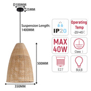 Lámpara colgante natural de bambú y fibra marina tejidos, 1 × E27