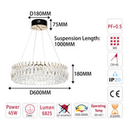 Lámpara de araña LED premium de cristal dorado regulable, control 2,4G y 3CCT
