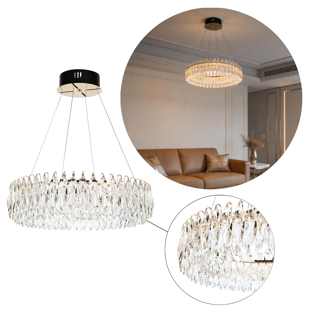 Lámpara de araña LED premium de cristal dorado regulable, control 2,4G y 3CCT