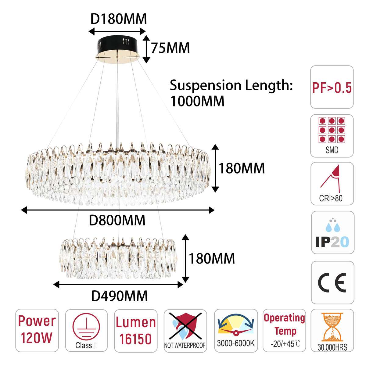 Lámpara de araña LED premium de cristal dorado regulable, control 2,4G y 3CCT