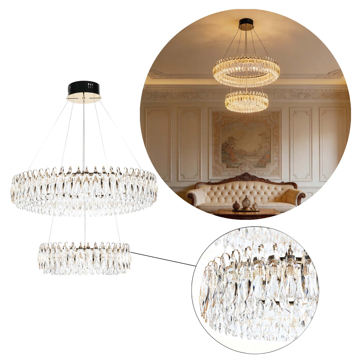 Lámpara de araña LED premium de cristal dorado regulable, control 2,4G y 3CCT