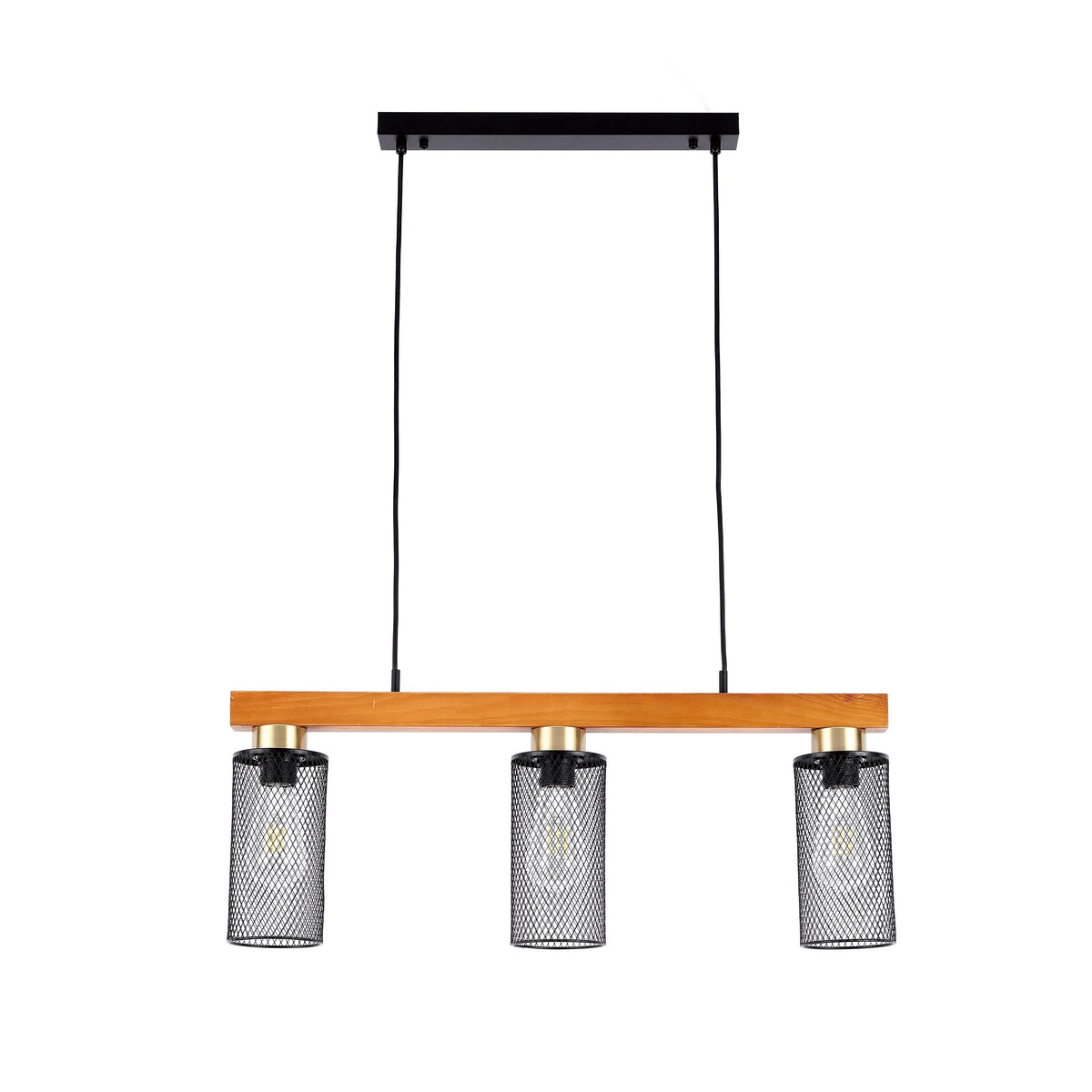 Lámpara colgante rústica de viga de madera y malla negra, 3/5 luces E27