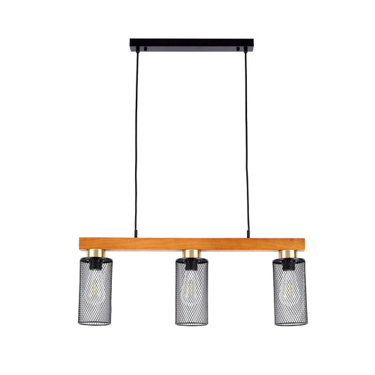 Lámpara colgante rústica de viga de madera y malla negra, 3/5 luces E27