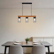 Lámpara colgante rústica de viga de madera y malla negra, 3/5 luces E27