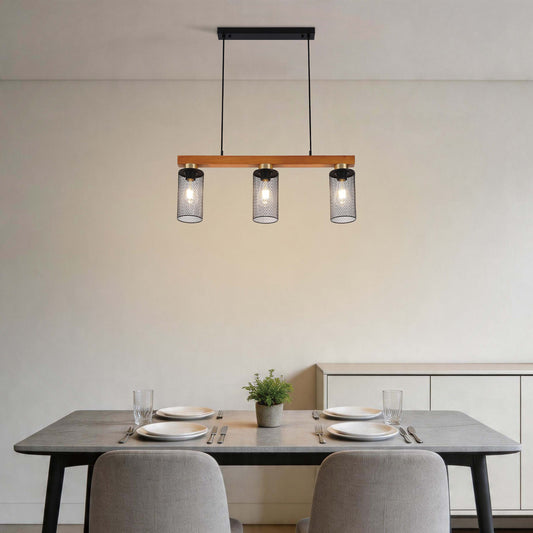 Lámpara colgante rústica de viga de madera y malla negra, 3/5 luces E27