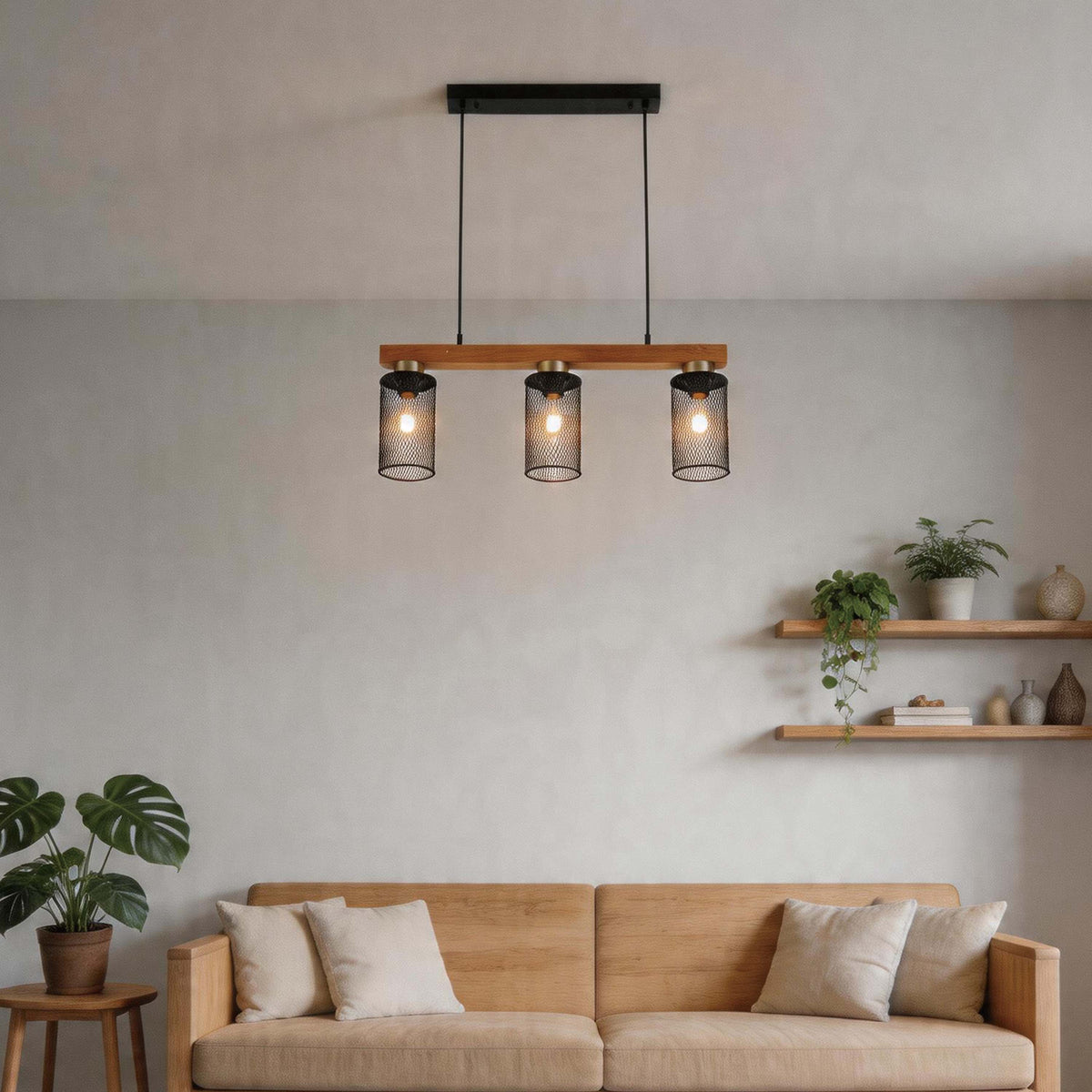 Lámpara colgante rústica de viga de madera y malla negra, 3/5 luces E27
