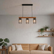 Lámpara colgante rústica de viga de madera y malla negra, 3/5 luces E27