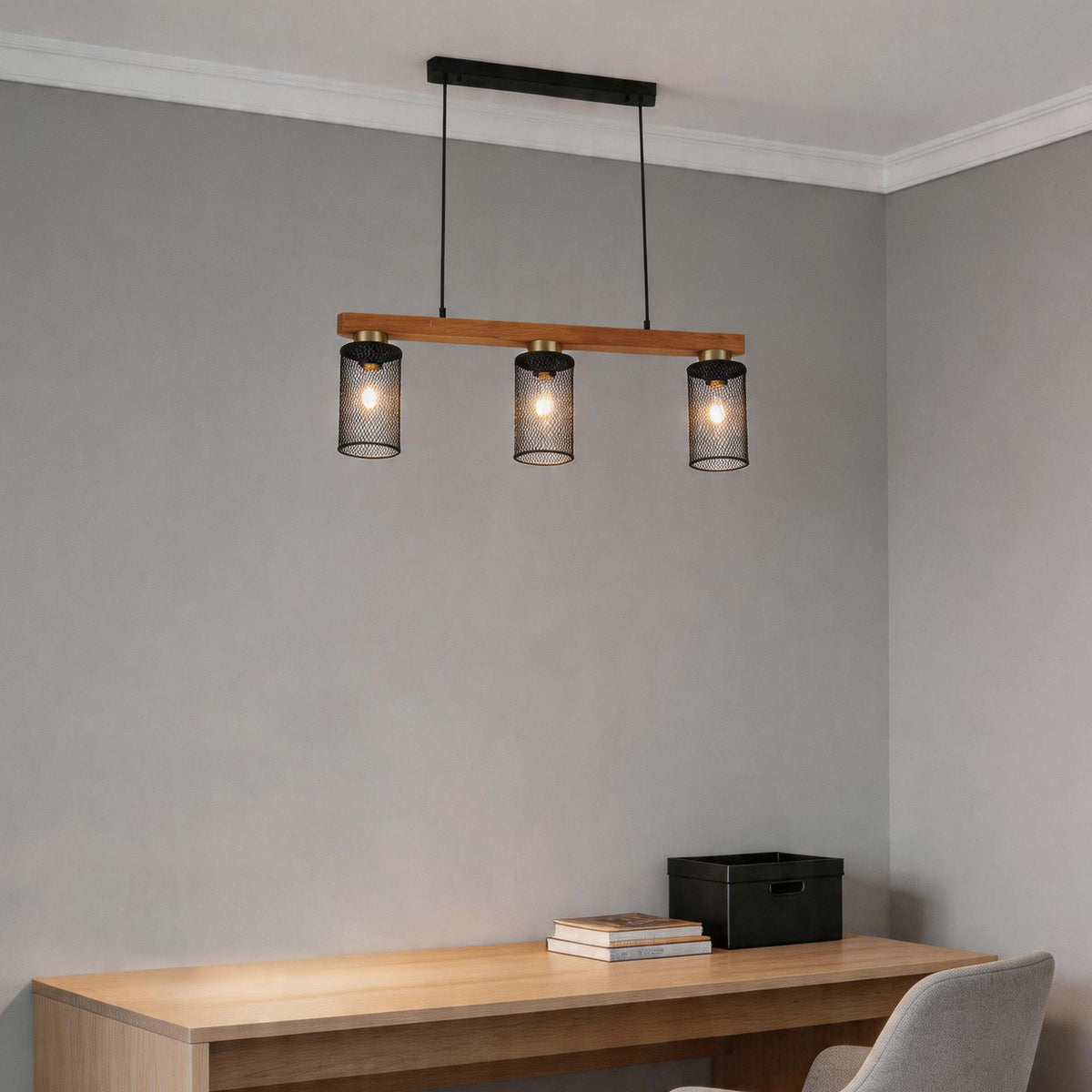 Lámpara colgante rústica de viga de madera y malla negra, 3/5 luces E27