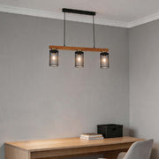 Lámpara colgante rústica de viga de madera y malla negra, 3/5 luces E27