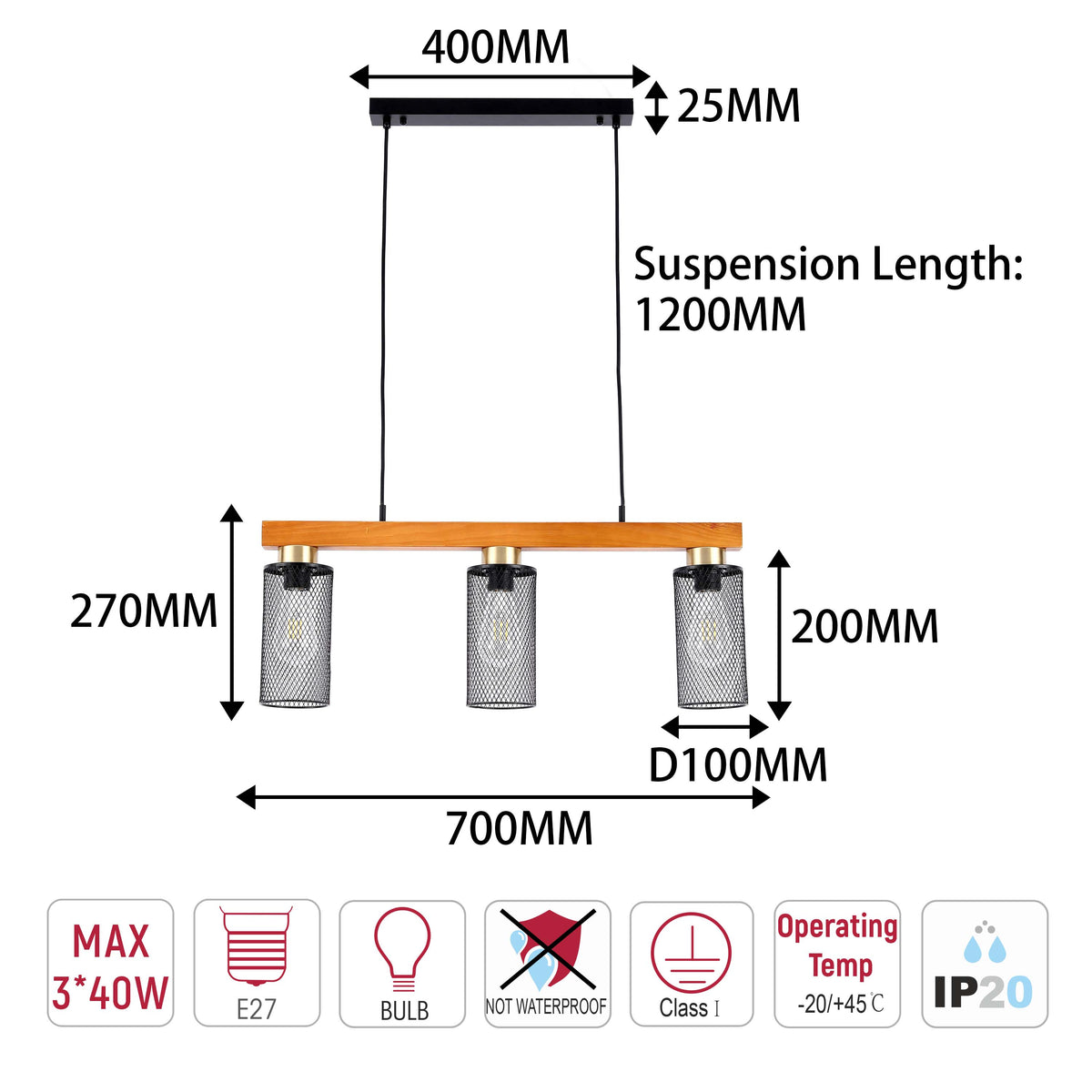 Lámpara colgante rústica de viga de madera y malla negra, 3/5 luces E27