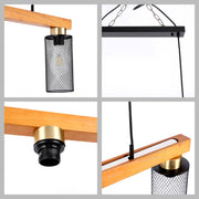 Lámpara colgante rústica de viga de madera y malla negra, 3/5 luces E27