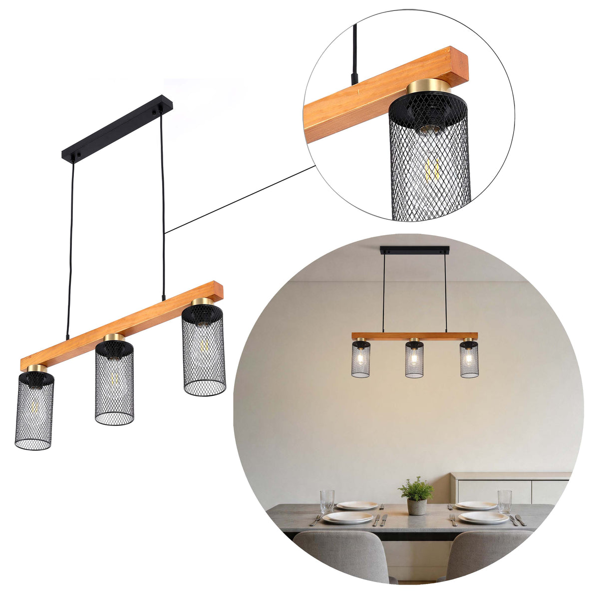 Lámpara colgante rústica de viga de madera y malla negra, 3/5 luces E27