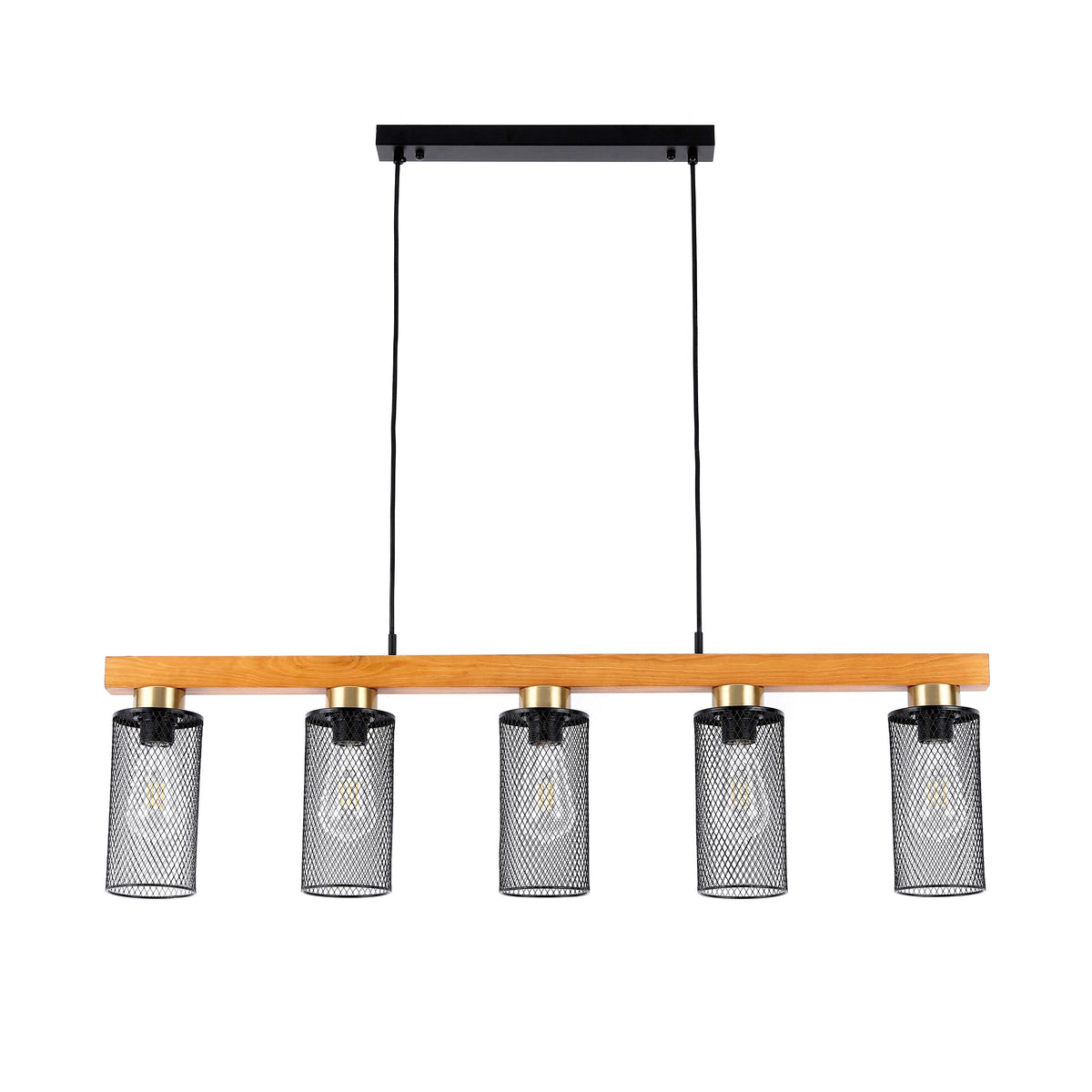 Lámpara colgante rústica de viga de madera y malla negra, 3/5 luces E27