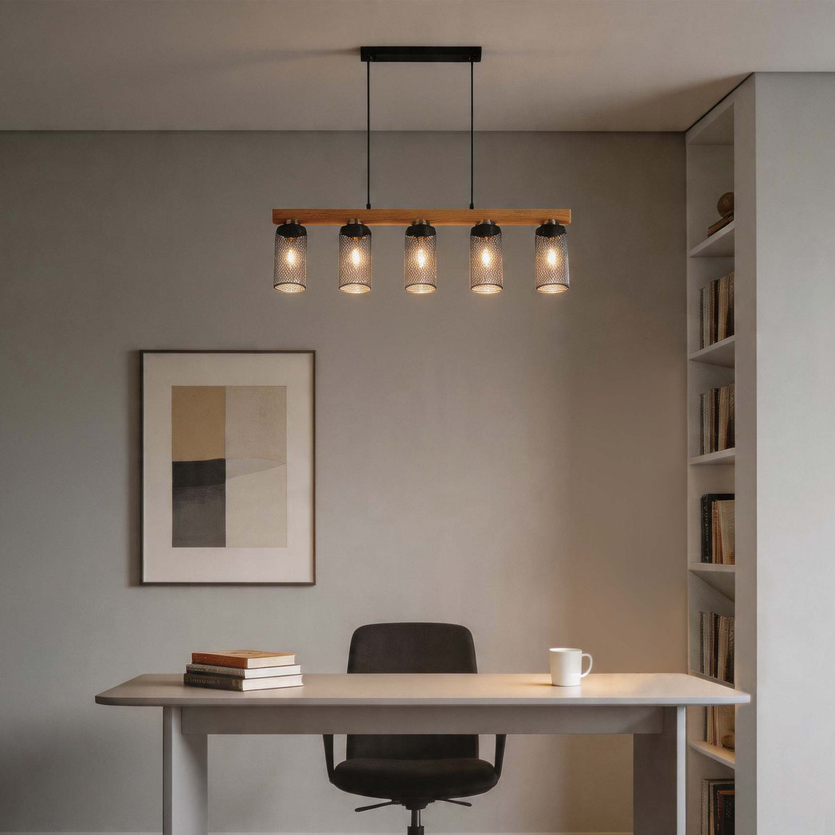 Lámpara colgante rústica de viga de madera y malla negra, 3/5 luces E27