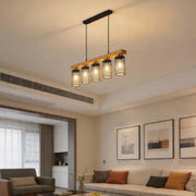 Lámpara colgante rústica de viga de madera y malla negra, 3/5 luces E27