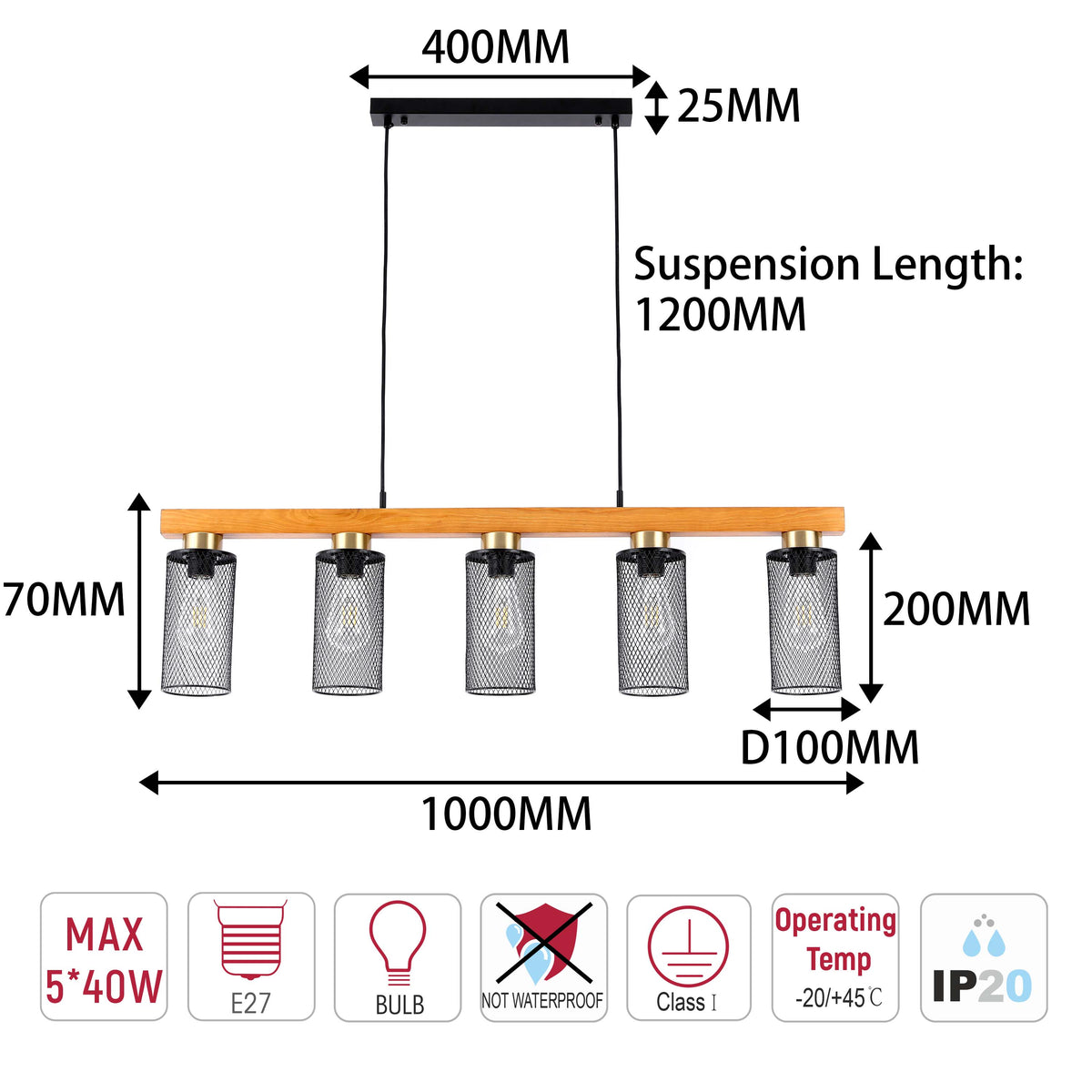 Lámpara colgante rústica de viga de madera y malla negra, 3/5 luces E27