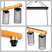 Lámpara colgante rústica de viga de madera y malla negra, 3/5 luces E27