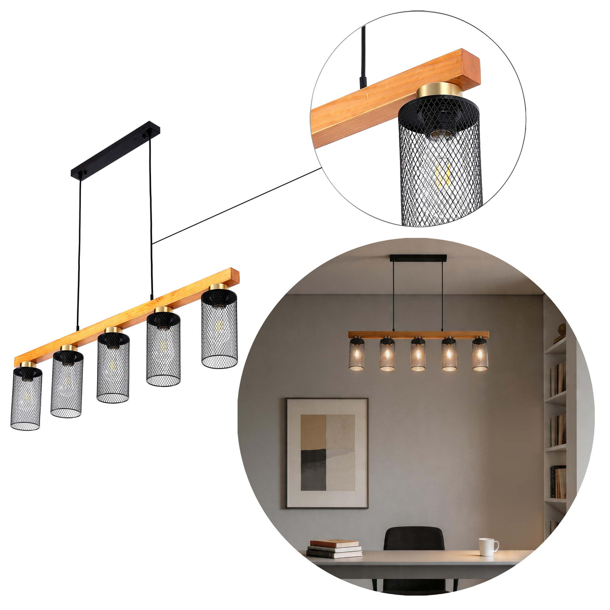 Lámpara colgante rústica de viga de madera y malla negra, 3/5 luces E27