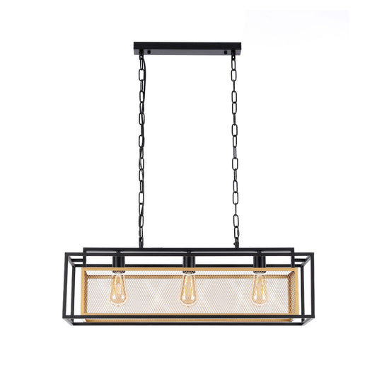 Lámpara colgante industrial lineal de jaula de malla negra y dorada, 3/5 luces E27