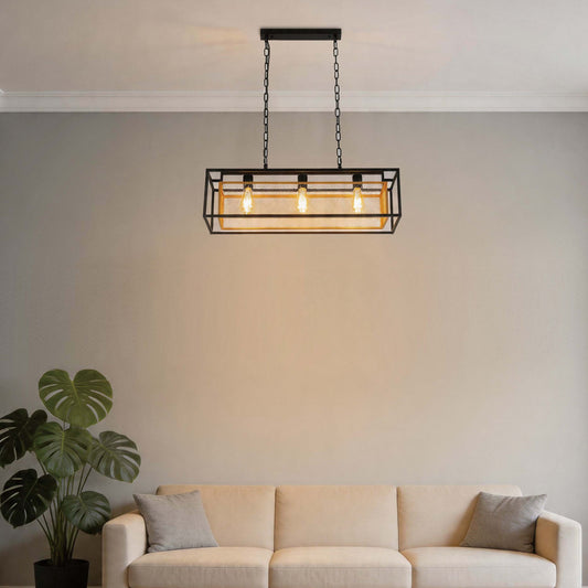 Lámpara colgante industrial lineal de jaula de malla negra y dorada, 3/5 luces E27