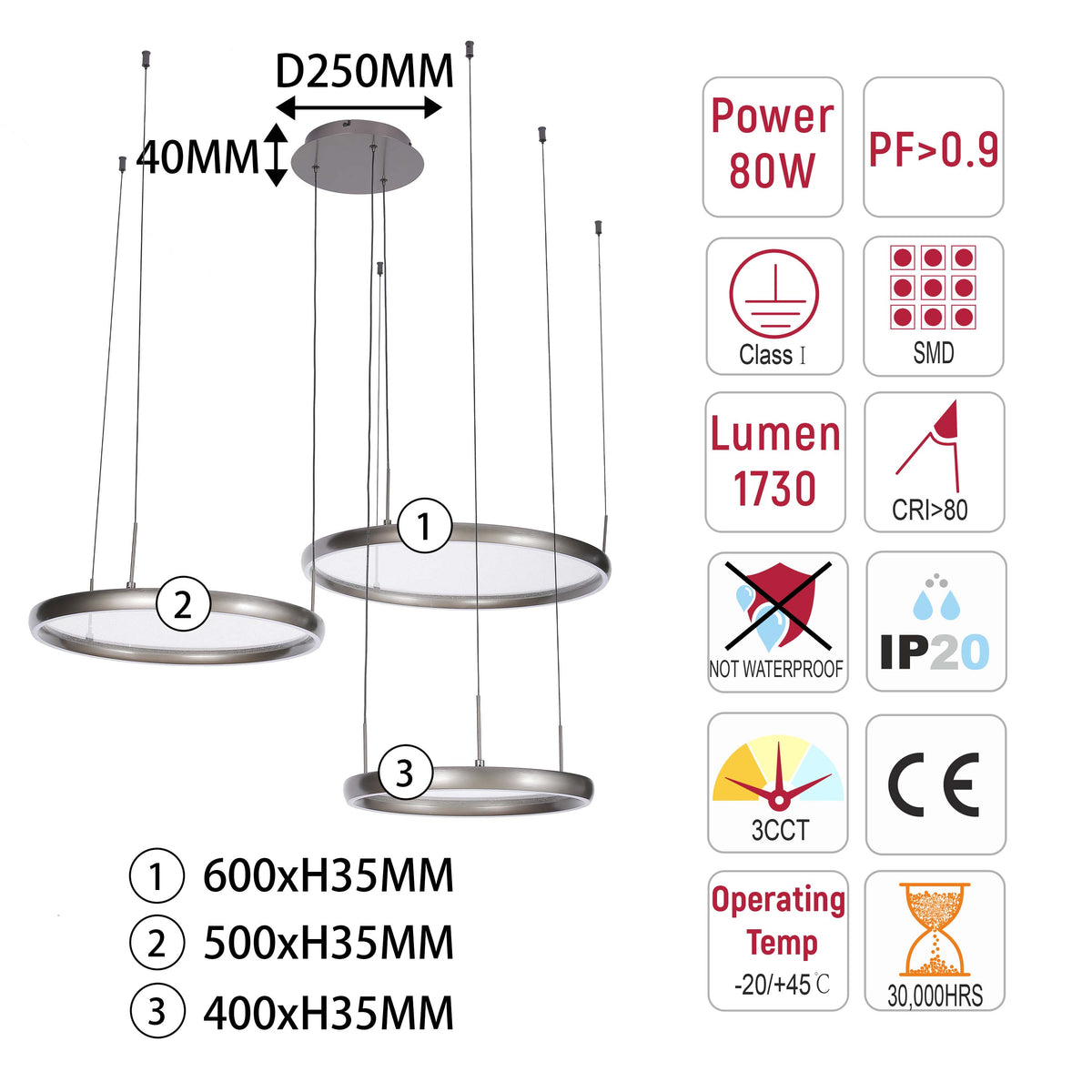 Lámpara colgante LED moderna de 3 anillos negros, 80W, 3CCT, con control remoto