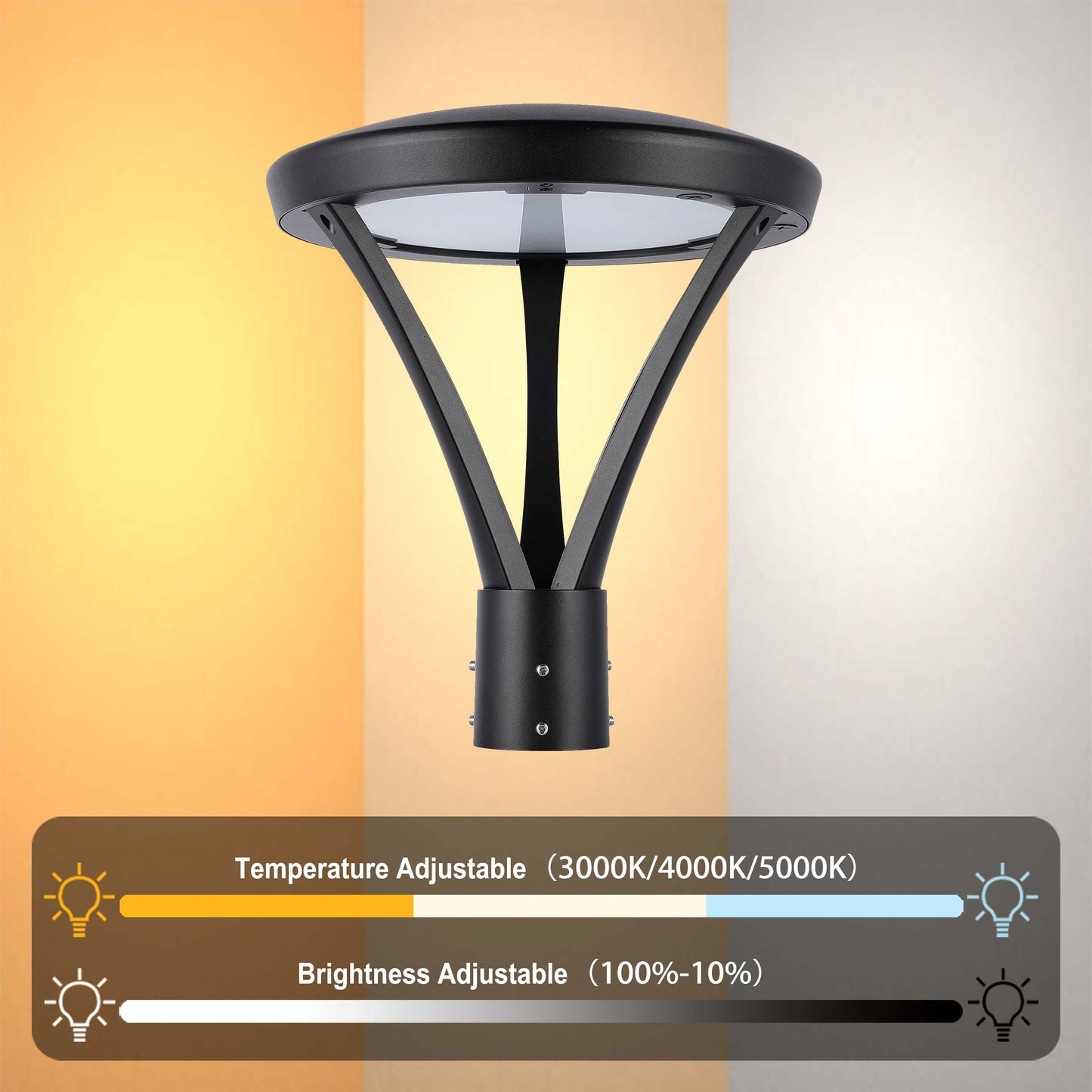 Luminaria LED comercial para exteriores, Punta de poste, seleccionable entre 60W/80W/100W y con 3 temperaturas de color (CCT), protección IP66.
