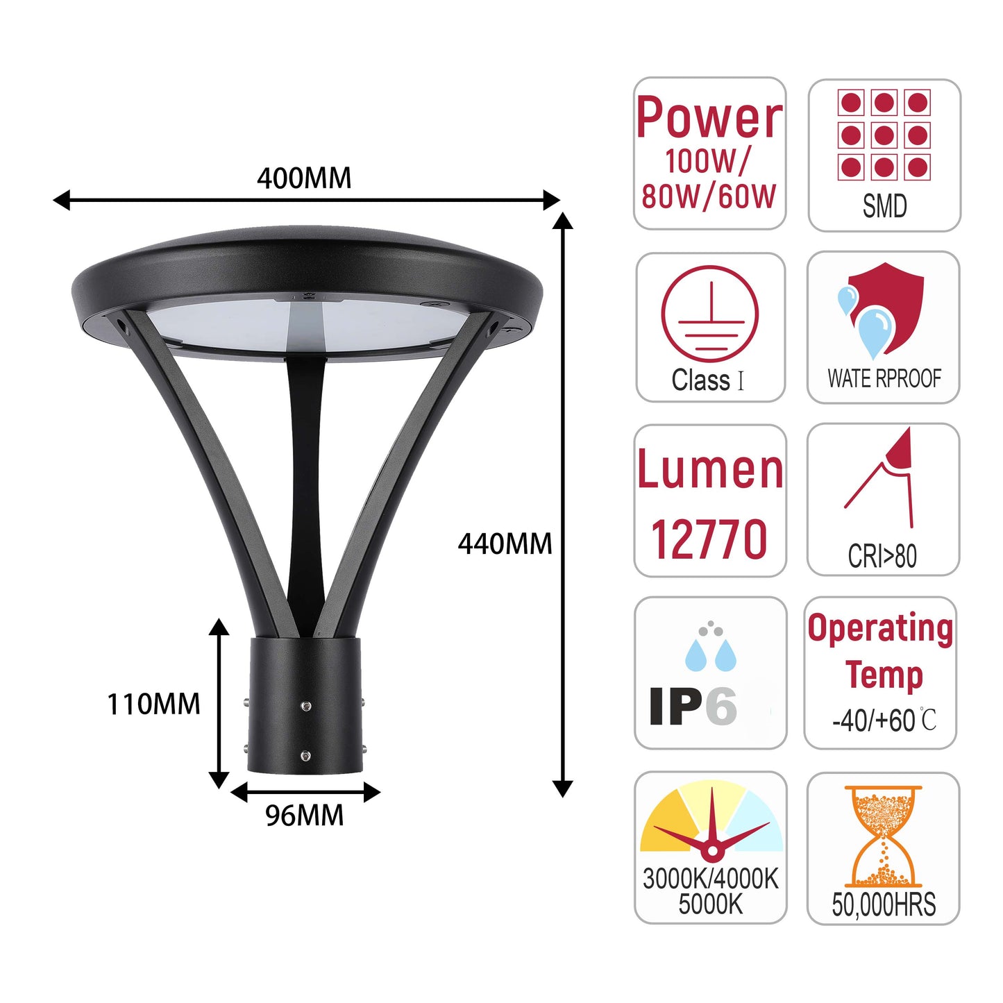 Luminaria LED comercial para exteriores, Punta de poste, seleccionable entre 60W/80W/100W y con 3 temperaturas de color (CCT), protección IP66.