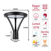 Luminaria LED comercial para exteriores, Punta de poste, seleccionable entre 60W/80W/100W y con 3 temperaturas de color (CCT), protección IP66.