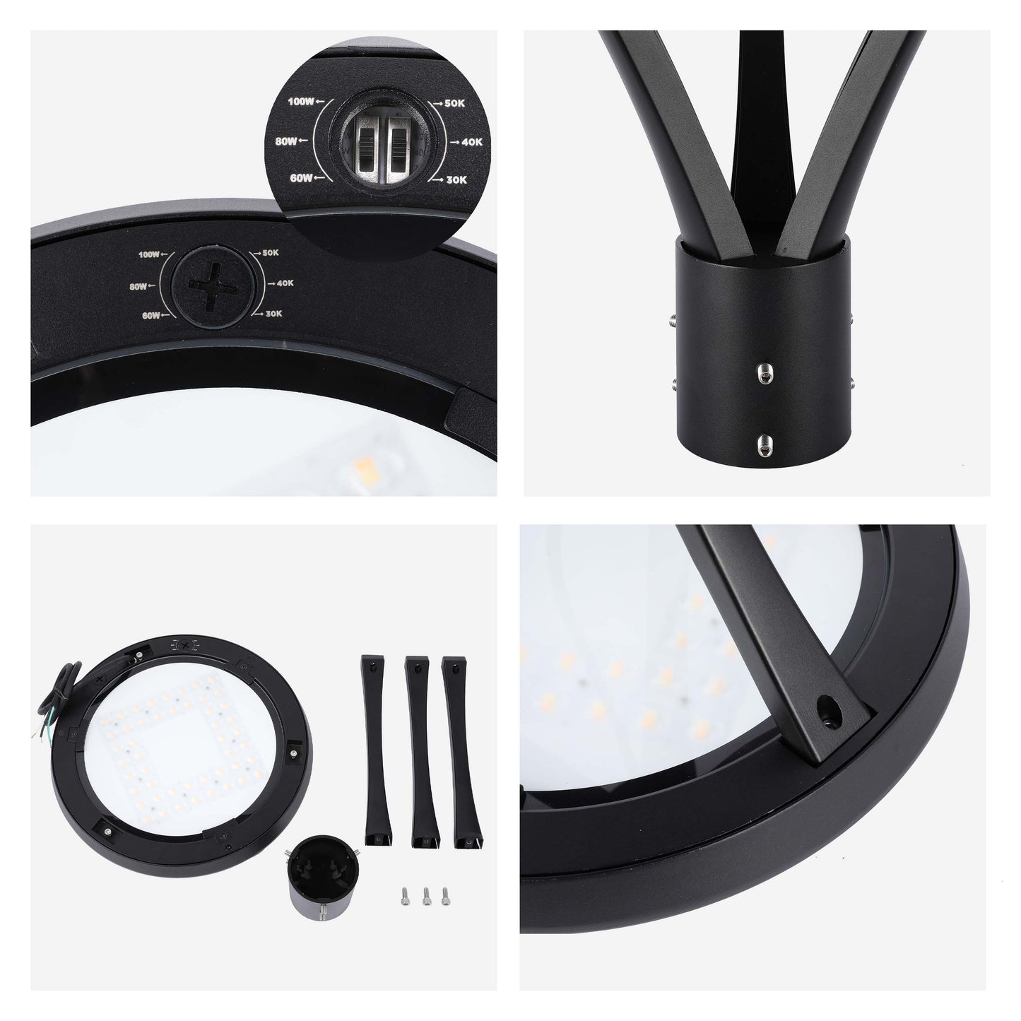 Luminaria LED comercial para exteriores, Punta de poste, seleccionable entre 60W/80W/100W y con 3 temperaturas de color (CCT), protección IP66.