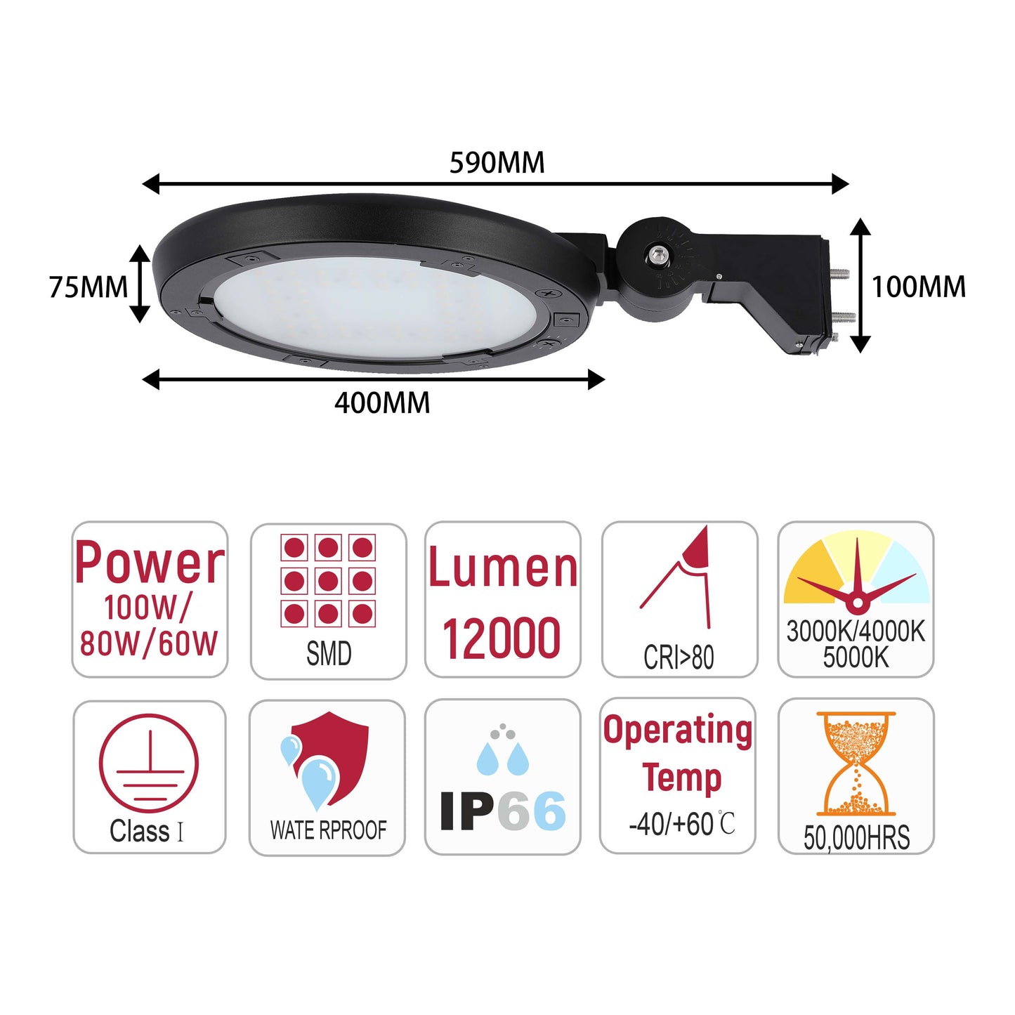 Aplique LED para poste y pared de exteriores, seleccionable entre 60W, 80W y 100W, con 3 temperaturas de color.
