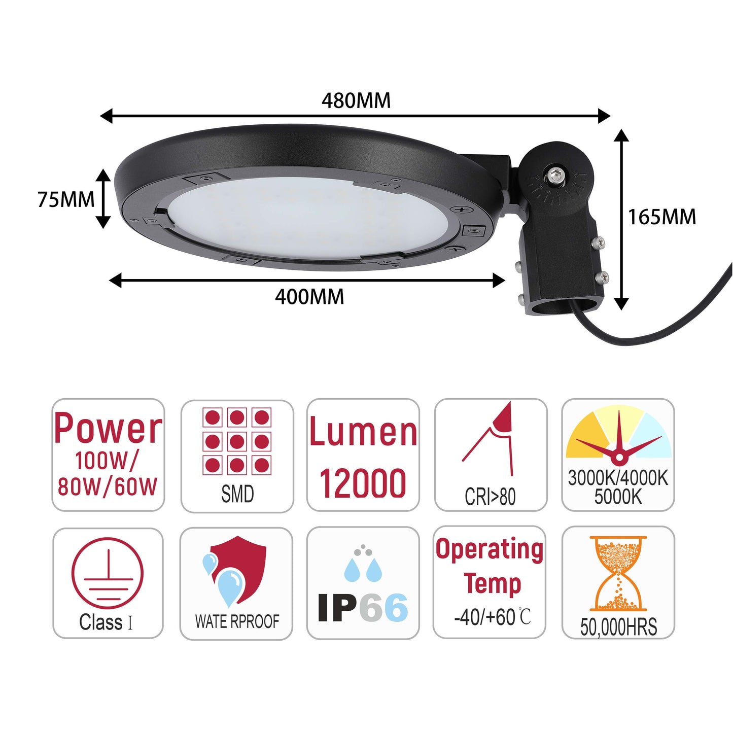 Aplique LED para poste y pared de exteriores, seleccionable entre 60W, 80W y 100W, con 3 temperaturas de color.