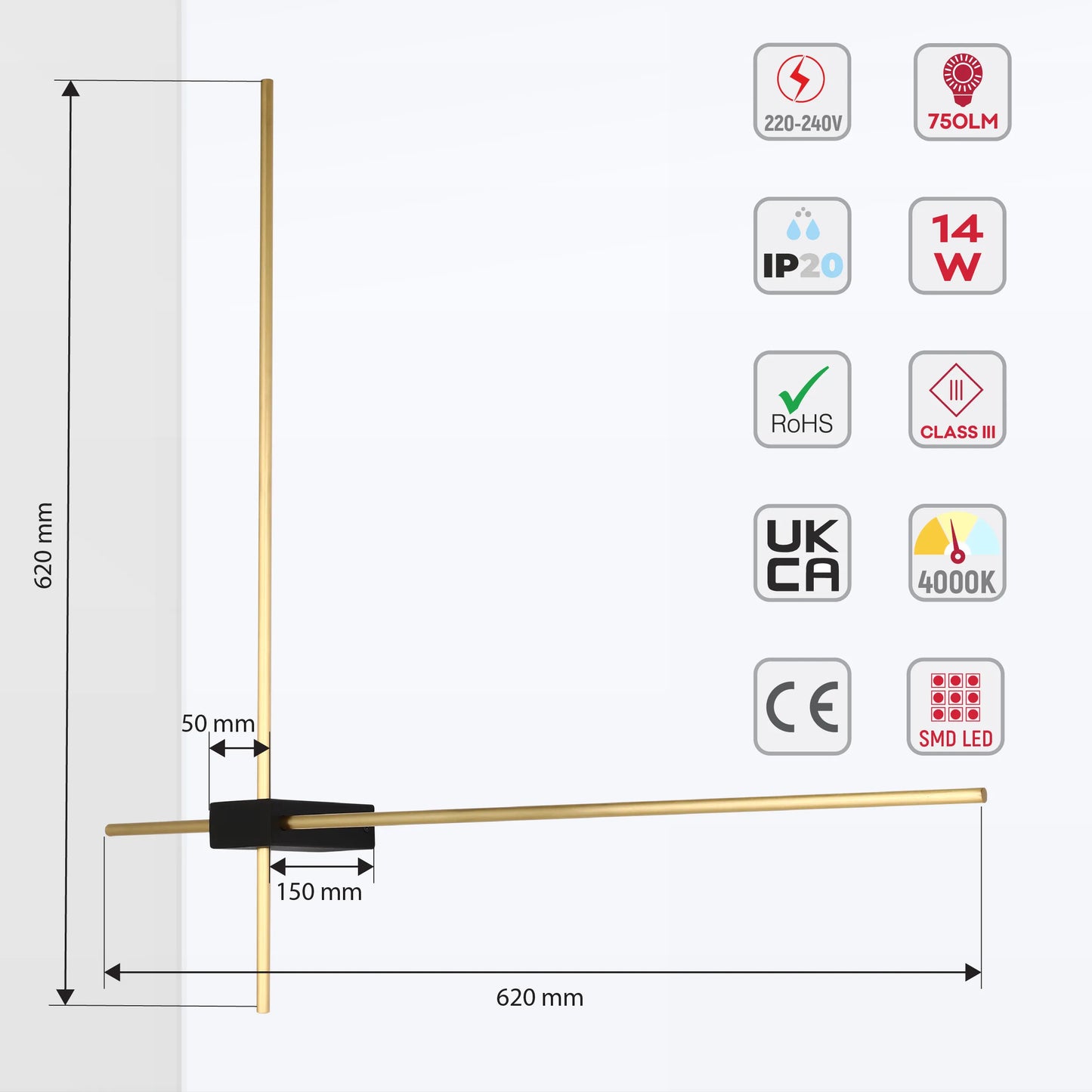 Aplique de Pared Moderno de 2 Brazos en Dorado y Negro