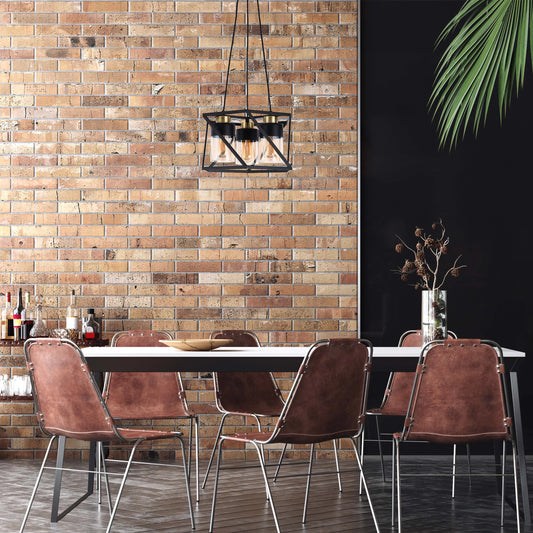 Lámpara Colgante Negra y Dorada de 3 Luces con Pantallas de Vidrio Ámbar Cilíndricas