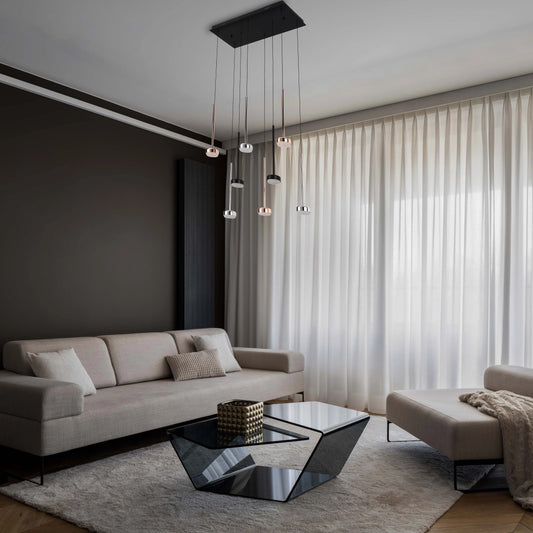 Lámpara Colgante Moderna de 6 Luces con Base Rectangular Negra - Acabados en Cromo, Cobre y Negro