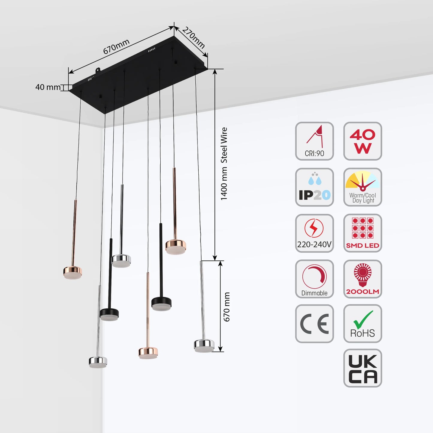 Lámpara Colgante Moderna de 6 Luces con Base Rectangular Negra - Acabados en Cromo, Cobre y Negro
