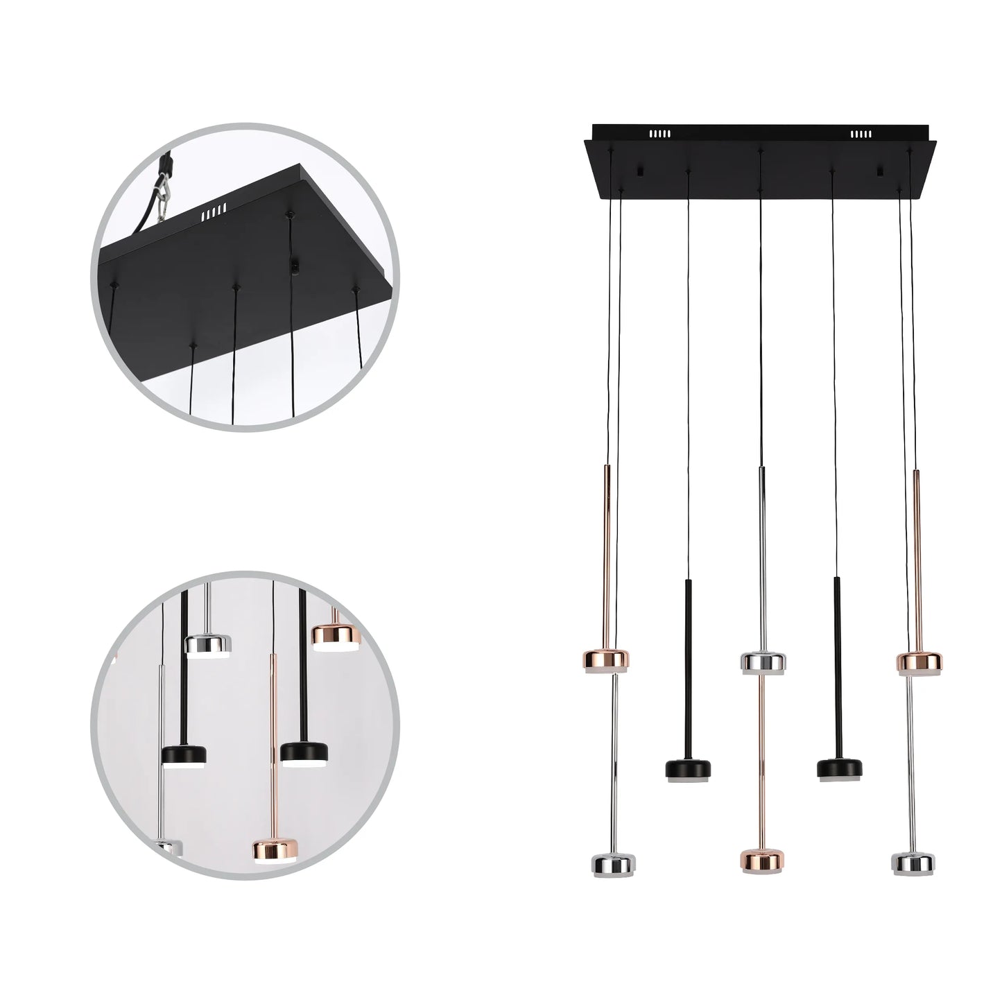 Lámpara Colgante Moderna de 6 Luces con Base Rectangular Negra - Acabados en Cromo, Cobre y Negro