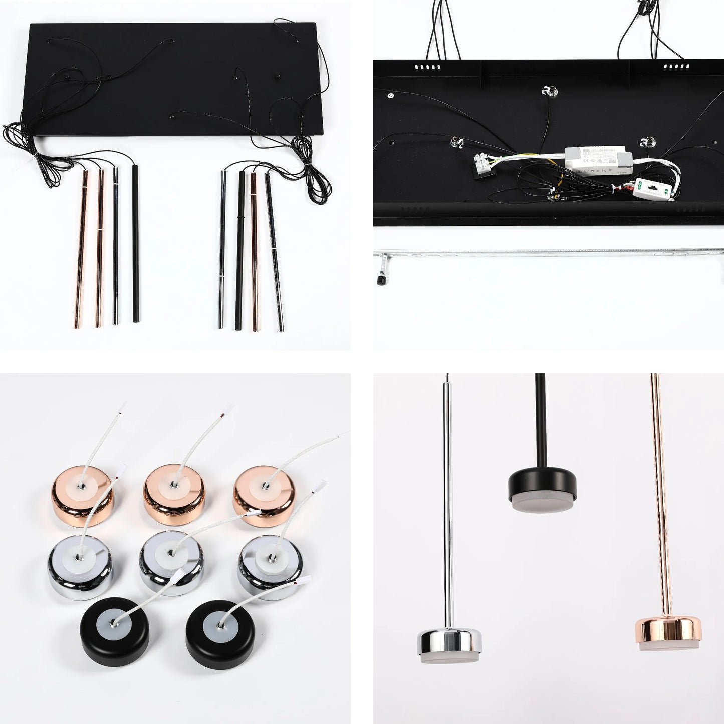 Lámpara Colgante Moderna de 6 Luces con Base Rectangular Negra - Acabados en Cromo, Cobre y Negro
