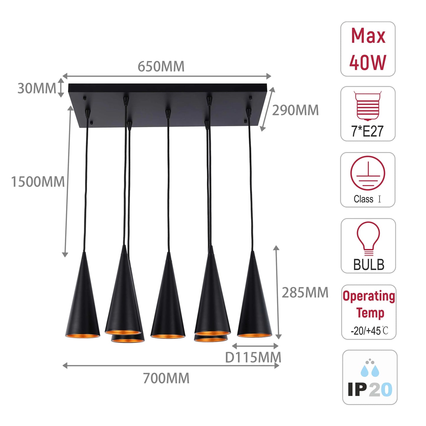 Lámpara colgante de cono con 6 luces - Casquillos E27, placa rectangular, regulable