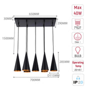 Lámpara colgante de cono con 6 luces - Casquillos E27, placa rectangular, regulable