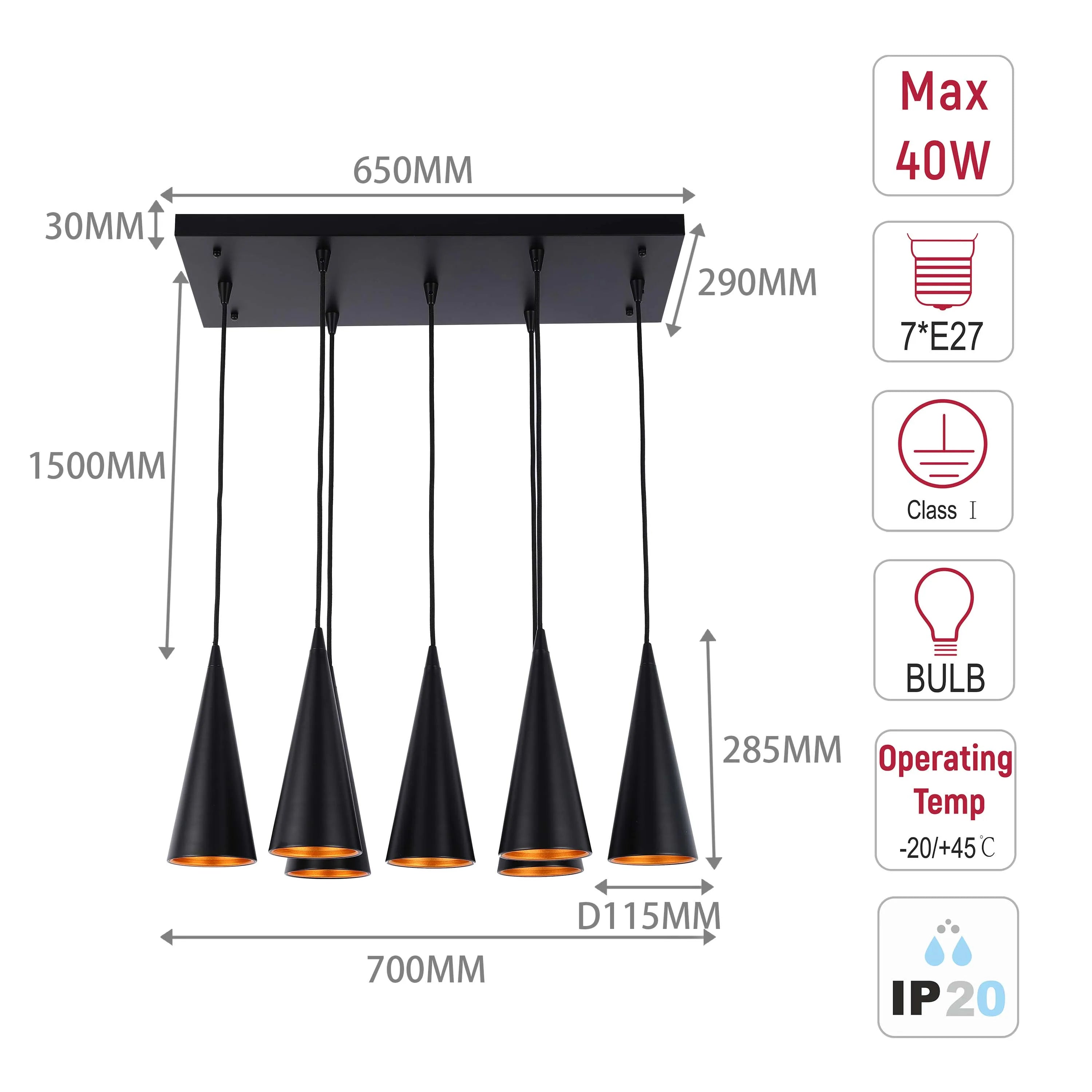 Lámpara colgante de cono con 6 luces - Casquillos E27, placa rectangular, regulable