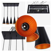 Lámpara colgante de cono con 6 luces - Casquillos E27, placa rectangular, regulable
