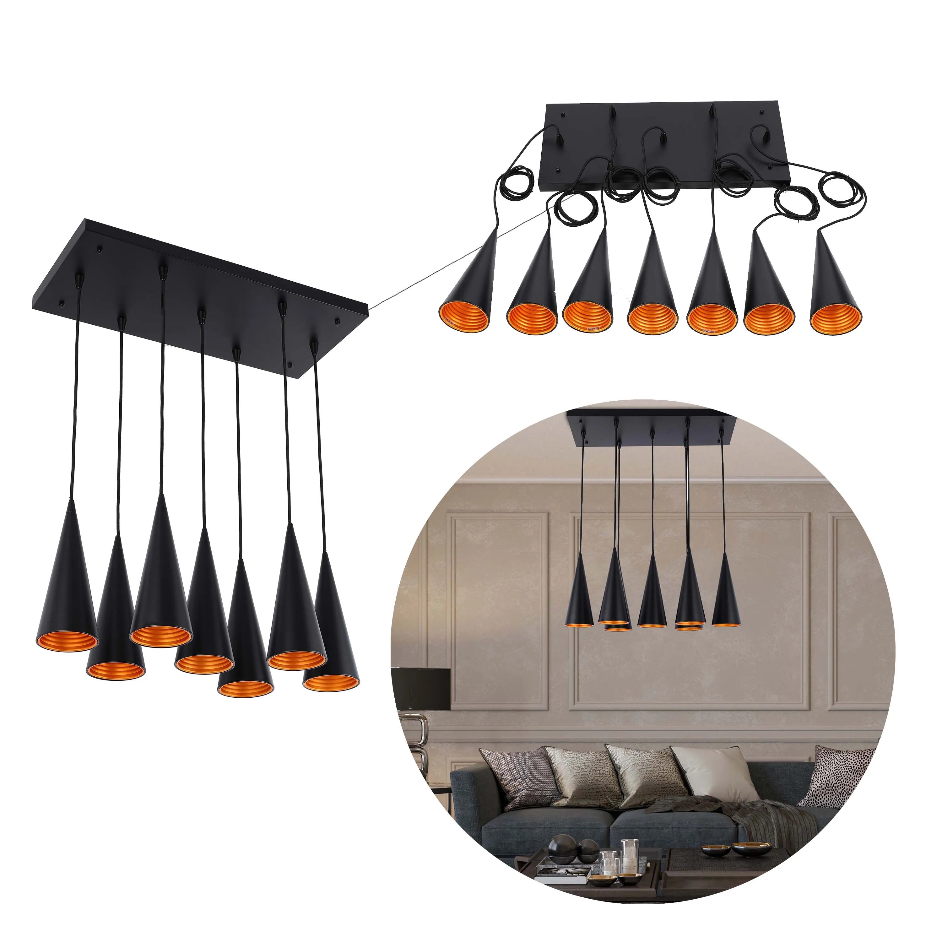 Lámpara colgante de cono con 6 luces - Casquillos E27, placa rectangular, regulable
