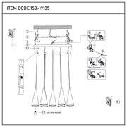 Lámpara colgante de cono con 6 luces - Casquillos E27, placa rectangular, regulable