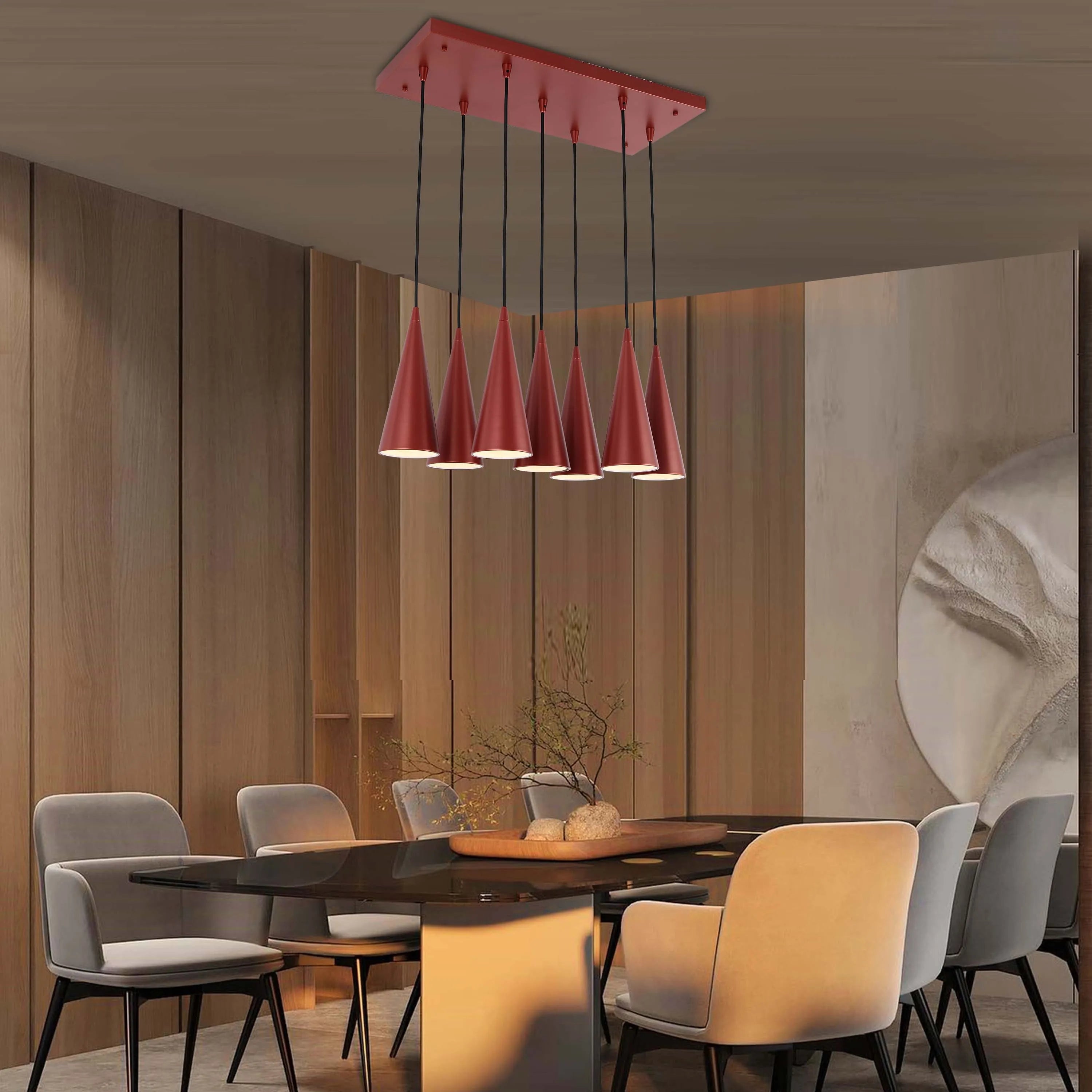 Lámpara colgante de cono con 6 luces - Casquillos E27, placa rectangular, regulable