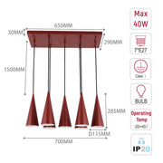 Lámpara colgante de cono con 6 luces - Casquillos E27, placa rectangular, regulable